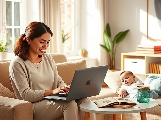 따뜻한 햇살이 드는 아늑한 거실에서, 한 육아맘이 아기가 낮잠을 자는 동안 노트북을 켜고 온라인 강의를 듣거나 디지털 드로잉을 하는 모습