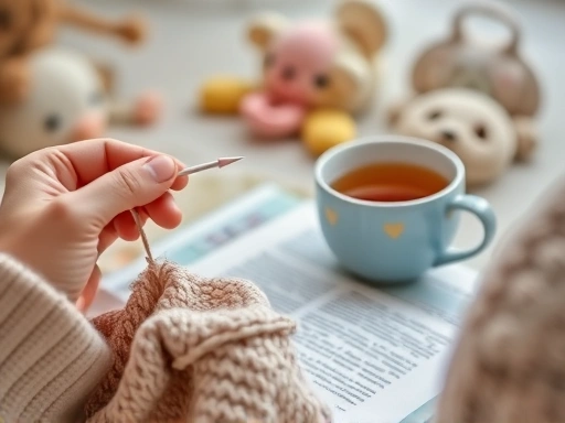 클로즈업된 손이 뜨개질 바늘을 움직이거나, 책의 한 페이지를 필사하는 장면