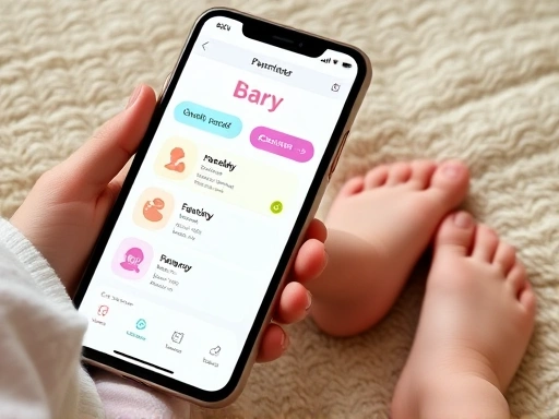 스마트폰 화면에 육아일기 앱이 열려있고, 옆에는 아이의 발이 놓인 모습