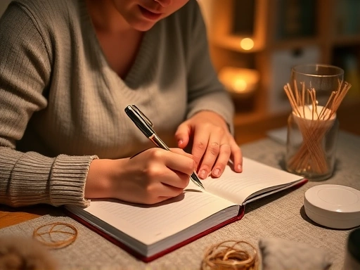 아이가 잠든 밤, 아늑한 조명 아래 엄마가 아기용품이 놓인 테이블에서 육아일기 노트를 펼쳐 들고 펜으로 정성스럽게 글을 쓰는 모습