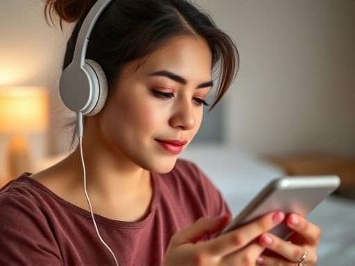 조용한 침실에서 헤드폰을 착용하고 명상 앱을 통해 마음 챙김을 실천하는 엄마의 클로즈업, 평온한 표정과 함께 육아 스트레스 관리의 중요성을 보여주는 이미지