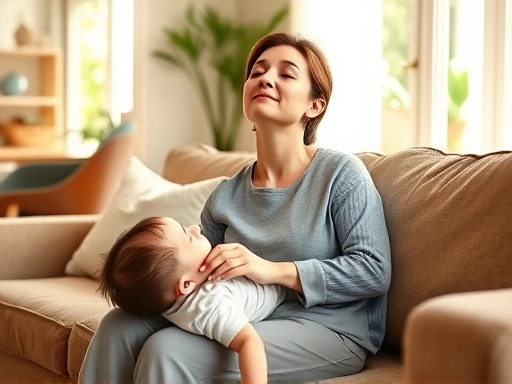 따뜻한 햇살이 비치는 아늑한 거실에서, 잠시 아이를 내려놓고 편안한 소파에 앉아 눈을 감고 심호흡을 하는 엄마의 모습