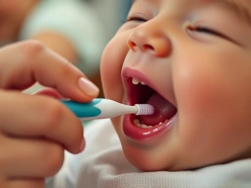 부모가 아기의 작은 입을 부드럽게 벌리고 소아용 칫솔로 첫 치아를 닦아주는 모습