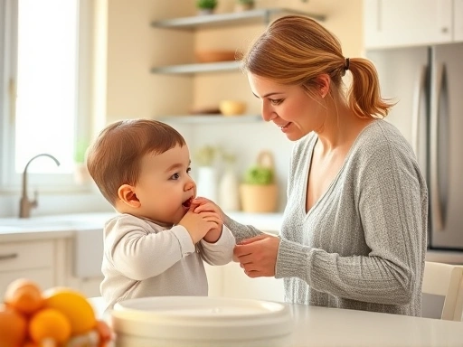 밝은 부엌에서 엄마가 아기 이유식을 먹이려 하지만, 아기가 고개를 돌려 거부하는 장면