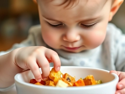 아기가 이유식 그릇 속 음식을 손으로 직접 만지고 탐색하며 즐거워하는 클로즈업.