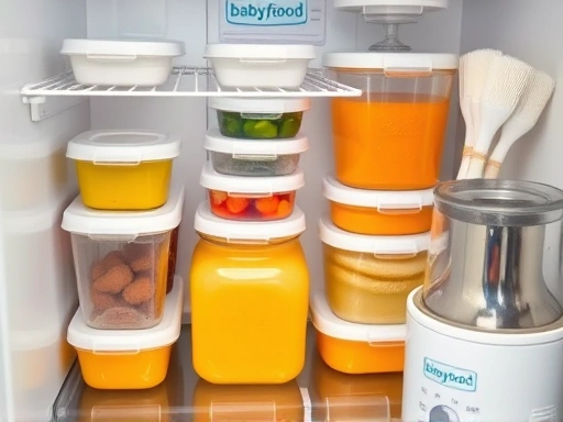 투명한 유리 이유식 용기들이 냉장고에 가지런히 소분 보관된 모습