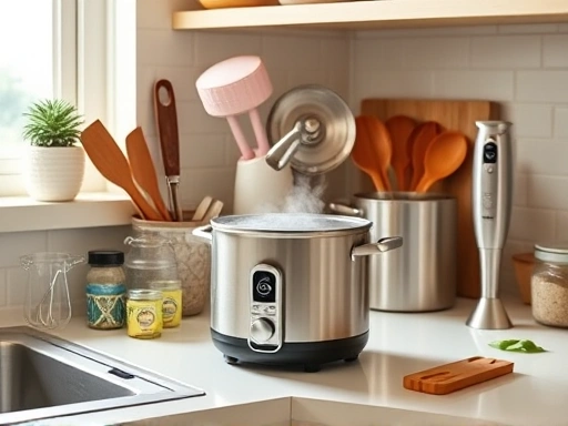 다양한 이유식 조리 도구들이 깔끔하게 정돈된 주방 조리대 풍경, 밝고 따뜻한 조명 아래 스팀이 피어오르는 이유식 냄비와 옆에 놓인 핸드 블렌더, 이유식 도구
