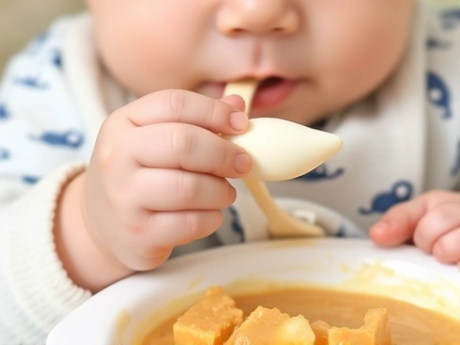 아기가 숟가락을 잡고 이유식을 먹는 손 클로즈업, 부드러운 실리콘 숟가락과 이유식용 그릇에 담긴 미음이 보이는 자세한 묘사