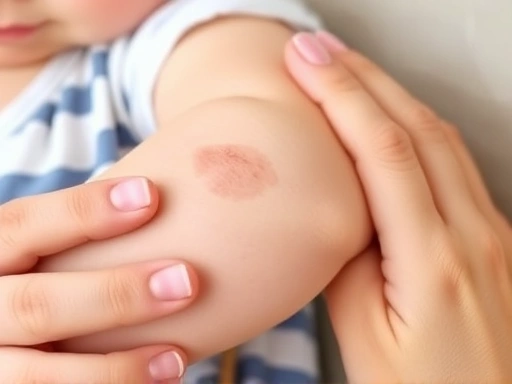 Close-up of a baby's arm showing a mild **발진 (rash)** or **두드러기 (urticaria)**, with a worried parent's hand gently touching, illustrating **이유식 알레르기 반응** and **아기 피부 증상** for careful observation.