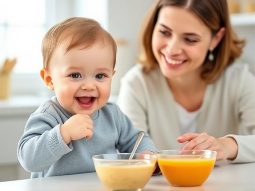 A baby happily eating pureed baby food, with a mother carefully observing, in a bright and clean kitchen environment, focusing on **이유식 알레르기 테스트** and **아기 음식** introduction strategies.