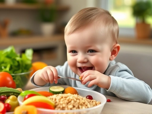 아이가 즐겁게 이유식을 먹는 모습