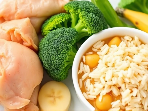 갓 지은 이유식 그릇 옆에 다양한 식재료(닭고기, 브로콜리, 바나나, 쌀)가 놓여 있는 클로즈업 사진, 식재료 하나하나의 신선함과 질감이 돋보이게, 이유식 추천 식재료.
