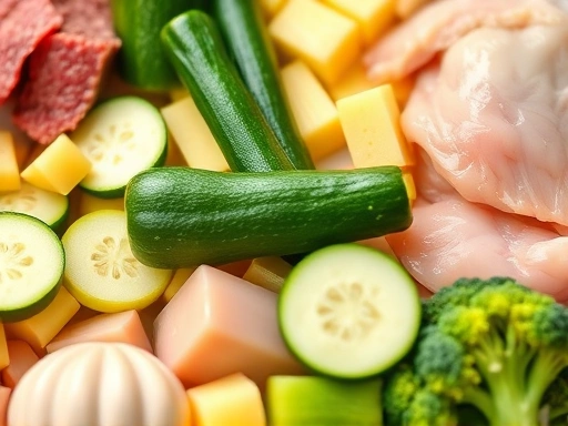 다양한 이유식 재료들이 깔끔하게 손질되어 준비된 클로즈업 사진으로, 소고기, 닭고기, 애호박, 브로콜리 등 이유식에 사용될 신선하고 안전한 재료들이 정돈되어 있는 모습