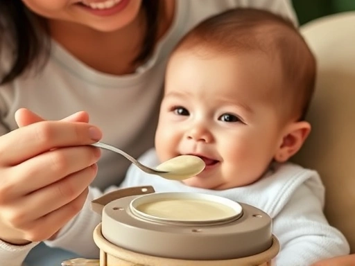 아기가 이유식 첫 재료인 쌀 미음을 먹는 모습