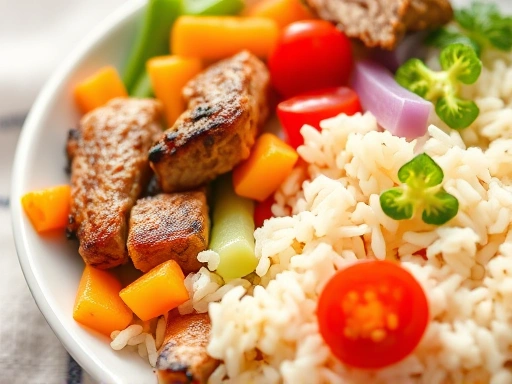 이유식 후기 단계에 맞게 다양한 재료들로 만들어진 알록달록한 식판의 클로즈업 사진으로, 신선한 채소와 고기, 부드러운 밥알의 질감이 선명하게 보여 이유식 재료의 신뢰성을 시각적으로 부각합니다.