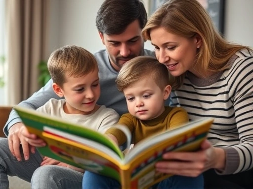 부모님이 만 5세 아이와 함께 거실에서 편안하게 앉아 동화책을 읽어주는 클로즈업 장면