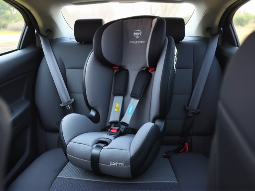 안전벨트와 아이소픽스(ISOFIX) 연결 부위가 명확하게 보이는 자동차 뒷좌석에 올바르게 설치된 회색 카시트의 전경, 강조된 카시트 설치법과 안전성.