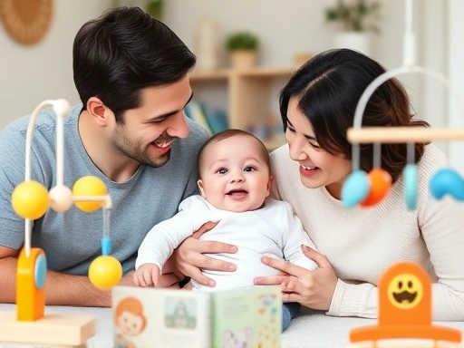 부모가 생후 100일 된 아기와 눈을 맞추고 웃으며 함께 놀아주는 따뜻한 장면