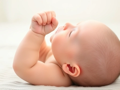 생후 100일 아기가 엎드린 상태에서 고개를 들고 작은 딸랑이를 잡으려 시도하는 클로즈업 사진.