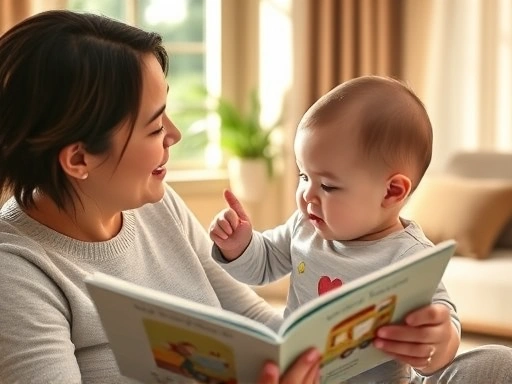 따뜻한 햇살이 비치는 거실에서 부모가 24개월 아기에게 그림책을 읽어주며 그림 속 사물에 대해 대화하고, 아기가 손가락으로 그림을 가리키며 옹알이하는 친밀한 상호작용 장면