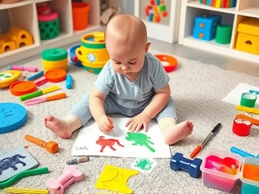 다채로운 색상의 물감으로 바닥에 앉아 신나게 그림을 그리고 있는 30개월 아기의 활기찬 모습