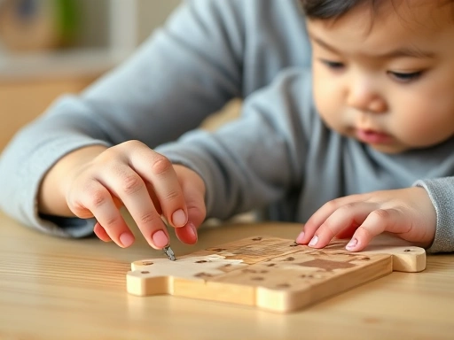 테이블에 앉아 엄마와 함께 나무 퍼즐 조각을 맞춰가는 30개월 아기의 손과 얼굴 클로즈업.