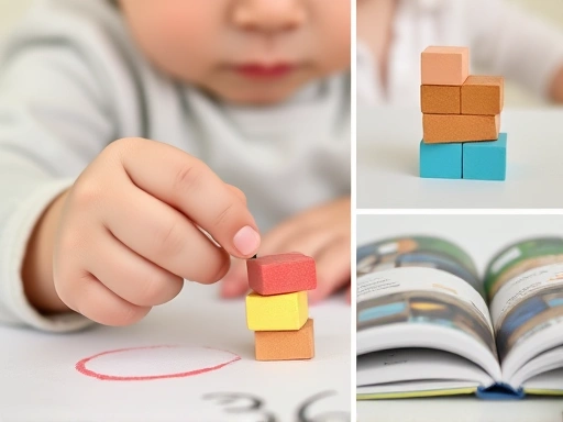 36개월 아기의 손이 크레용을 잡고 동그라미를 그리거나, 작은 블록을 조심스럽게 쌓는 클로즈업 사진, 발달 중인 소근육의 정교함과 집중력을 보여주는 이미지