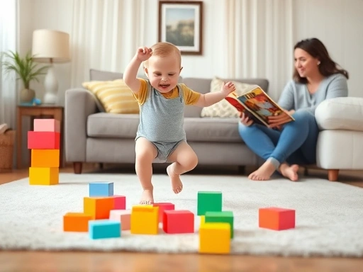 36개월 아기가 거실에서 블록을 쌓고, 점프하고, 그림책을 읽으며 신체적, 인지적, 언어적 발달을 보이는 활기찬 장면