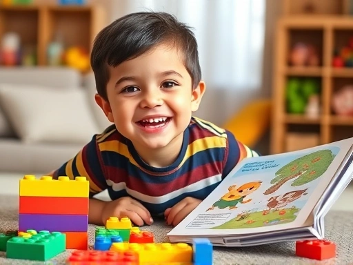 A cheerful 7-year-old child engaged in a fun, educational activity at home, surrounded by colorful building blocks and a picture book, highlighting early learning and development for school readiness.