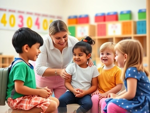 A diverse group of 7-year-old children happily interacting in a brightly lit elementary school classroom, with a teacher gently guiding them, emphasizing social and emotional readiness for school adap...