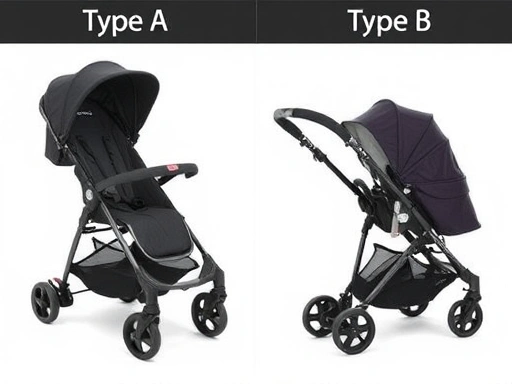 등받이 각도와 폴딩 방식에서 명확한 차이를 보이는 A형과 B형 유모차의 핵심 기능들을 상세히 보여주는 클로즈업 이미지