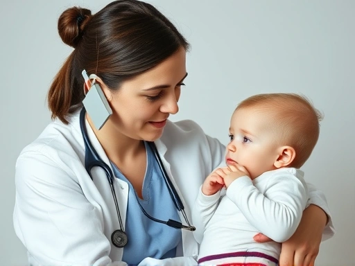 침착한 부모가 아기의 호흡 곤란 증상을 확인하며 전문가에게 전화하는 긴급 상황을 묘사.