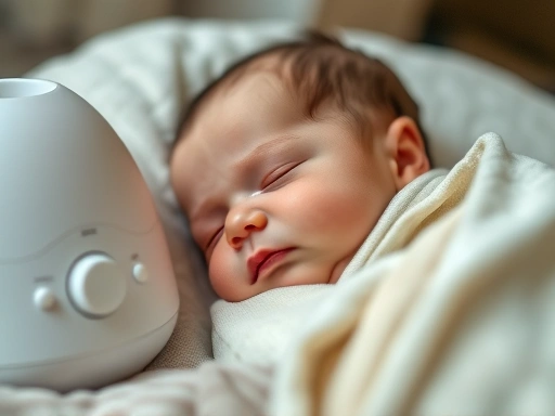 아기가 싸개에 싸여 백색 소음기 옆에서 평화롭게 잠들어 있는 클로즈업 사진, 아기의 작고 편안한 얼굴에 초점이 맞춰져 있고, 부드러운 조명이 아늑한 분위기