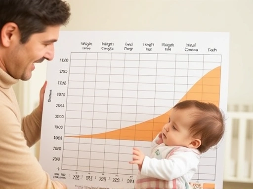 아이가 건강하게 자라는지 걱정하는 부모가 아기 성장곡선을 자세히 들여다보는 모습