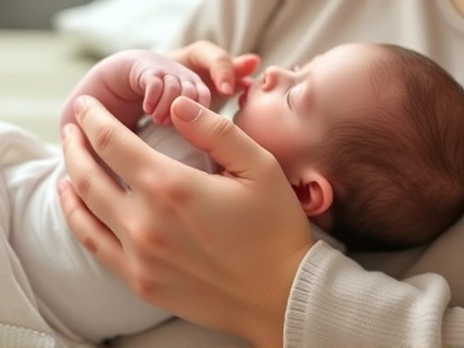 Close-up of a parent gently rocking a baby with loving hands, showing warmth and connection, illustrating effective parental comfort techniques and the bond crucial for improving baby sleep habits and...