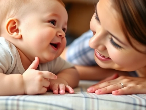 아기가 엎드려 터미 타임을 하며 목을 가누는 클로즈업 사진으로, 부모가 옆에서 아기와 눈을 맞추며 부드럽게 웃어주는 따뜻한 상호작용을 담은 이미지
