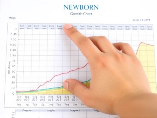 신생아 성장 곡선 차트가 선명하게 인쇄된 종이를 손으로 가리키는 클로즈업 장면