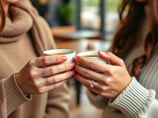 따뜻한 커피잔을 서로 마주 잡고 있는 두 여성의 손을 클로즈업한 장면