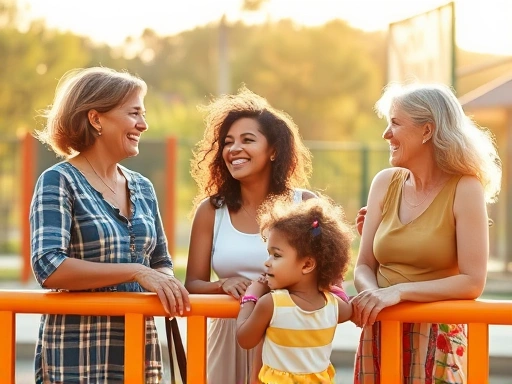 다양한 국적의 육아맘들이 놀이터에서 각자의 아이들을 지켜보며 즐겁게 소통하고 웃음 짓는 장면