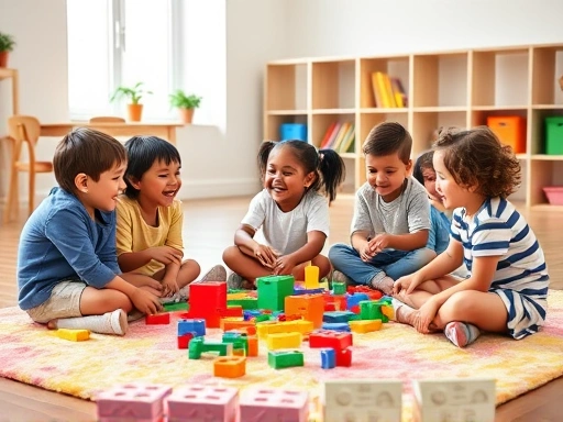 A group of diverse 6-year-old children laughing and playing cooperatively with colorful building blocks on a soft, vibrant rug in a bright, spacious classroom, depicting positive social interaction.