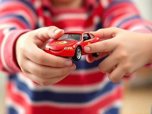 A close-up of a 6-year-old boy's hands as he shares a bright red toy car with another child, illustrating the concept of sharing and turn-taking in social development, with a focus on their hands and...