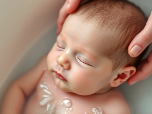 Close-up of a newborn baby being gently washed in a baby bathtub, soft lighting, focus on baby's face.