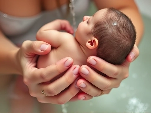 Detailed shot of a parent's hands carefully holding a newborn during bath time, water droplets visible, soft focus.