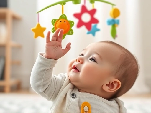 A newborn baby reaching for a colorful mobile, promoting sensory development and early learning.