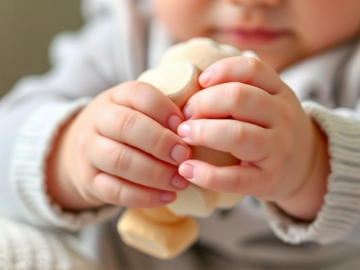 Close-up of a baby's hands grasping a soft toy, focusing on motor skill development and tactile exploration.