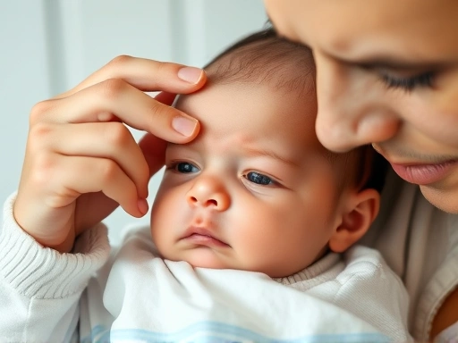 Close-up of a worried parent checking their newborn baby's forehead for fever with a concerned expression.