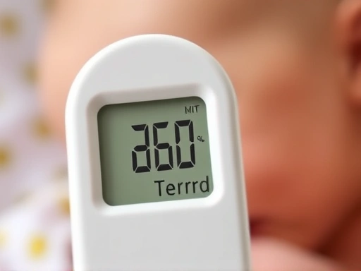 Detailed shot of a digital thermometer displaying a high temperature reading, indicating a newborn baby has a fever.