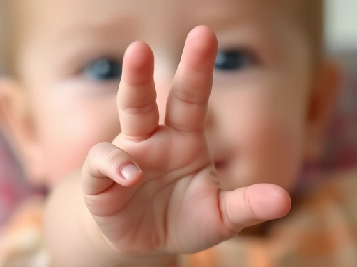 아기의 맨 손이 카메라를 향해 뻗어있는 클로즈업 이미지
