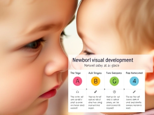 아기의 시각 발달 단계를 한눈에 보여주는 인포그래픽과 함께, 부모가 신생아의 눈을 보며 교감하는 부드러운 분위기