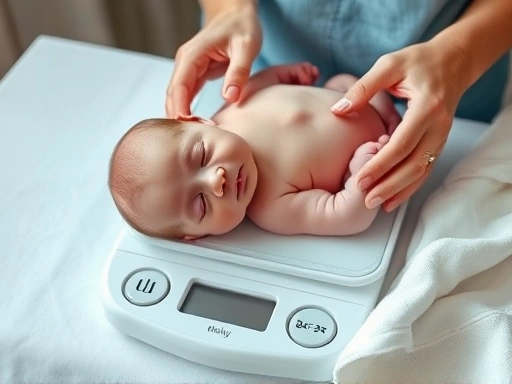 아기 체중계 위에 누워있는 귀여운 신생아가 측정되는 장면